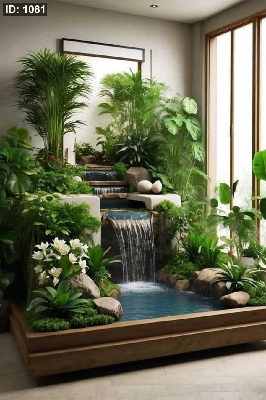 شلال داخلي بتصميم حديقة مصغّرة (جدار نباتي + شلال متدرّج)